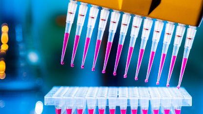 A laboratory scene featuring a pipettes filled with pink liquid samples from a beauty product, focused on testing peptides for cosmetic safety and quality.